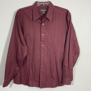 EDDIE BAUER Red Maroon STRIPED Cotton XL Wrinkle Stain Resistant BUTTON UP Shirt